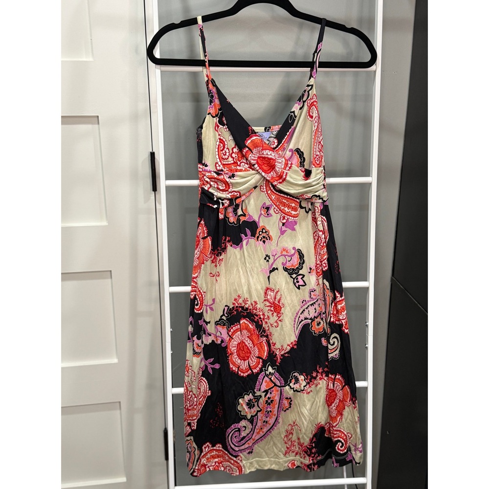 Vintage Flora Kung 100% Silk Slip Dress Sz 4 1980s Retro Paisley Abstract Twist